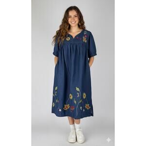 Vintage National Denim Relaxed Midi Dress Sunflower Fall Autumn Womens Size 1X